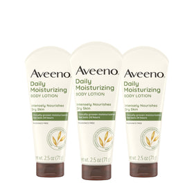 Aveeno front packaging three-pack showing travel-size bottles and benefits