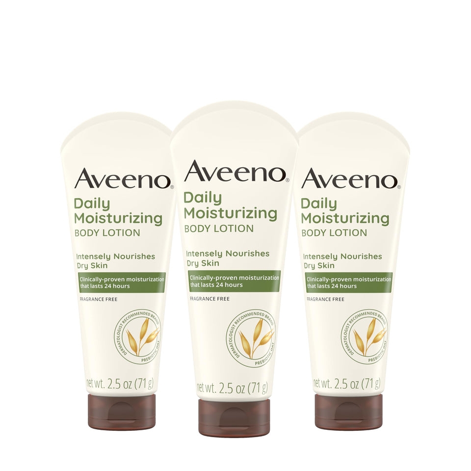 Aveeno front packaging three-pack showing travel-size bottles and benefits