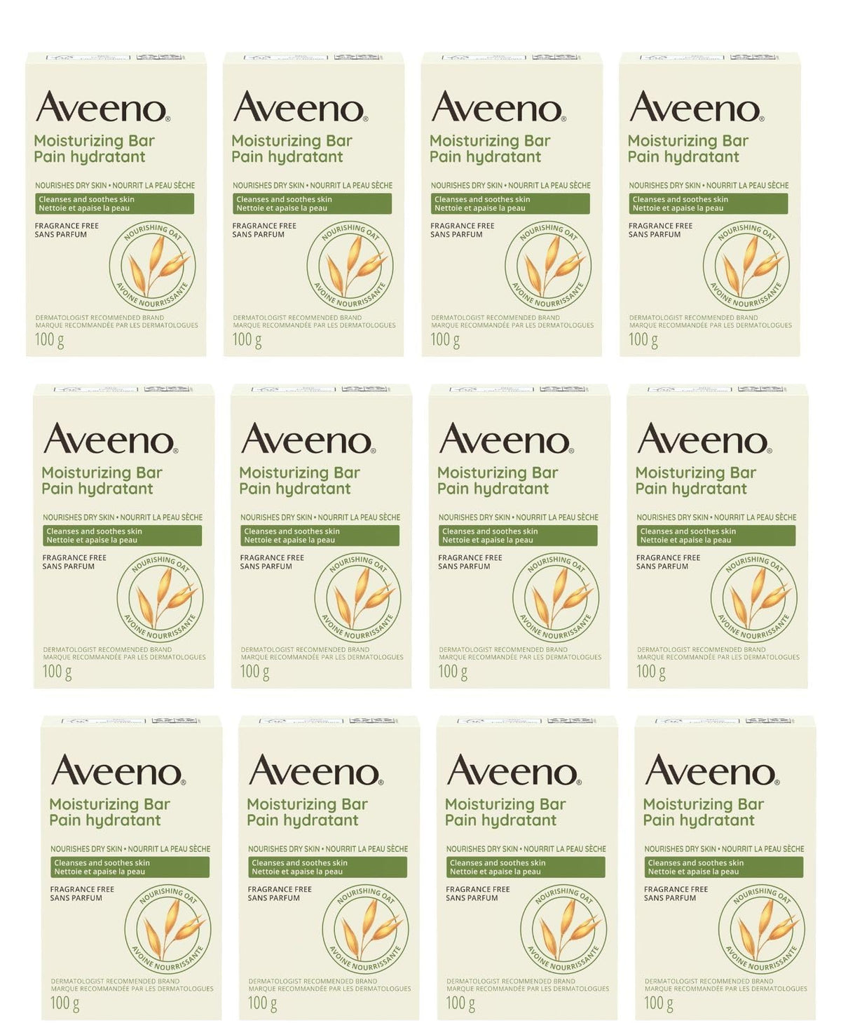 Aveeno front packaging showing moisturizing bar and colloidal oatmeal benefit