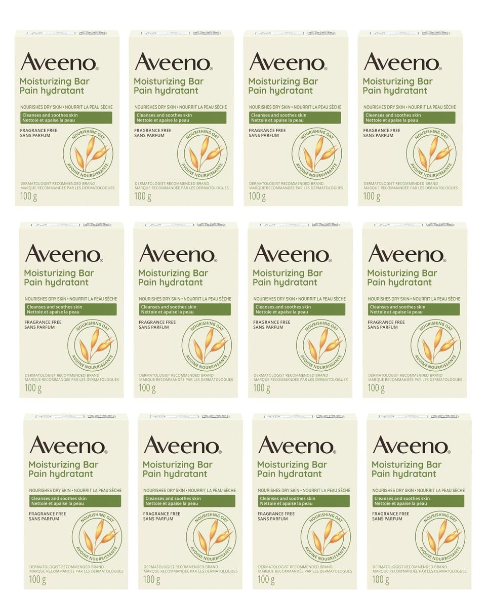 Aveeno front packaging showing moisturizing bar and colloidal oatmeal benefit