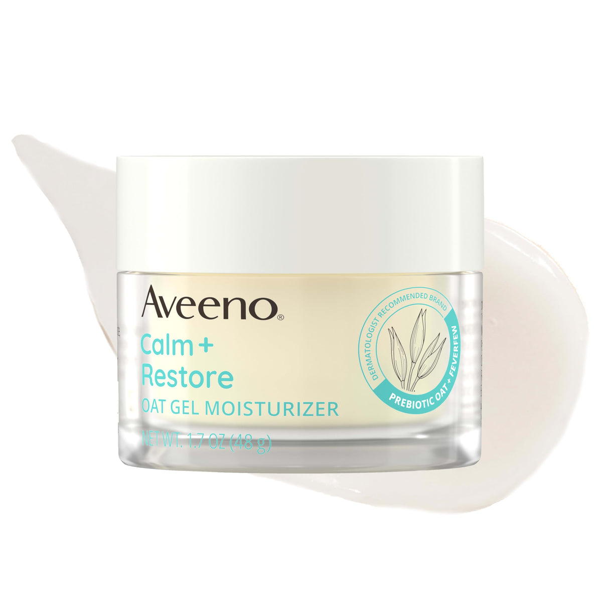 Aveeno front packaging showing oat gel moisturizer and calming benefits