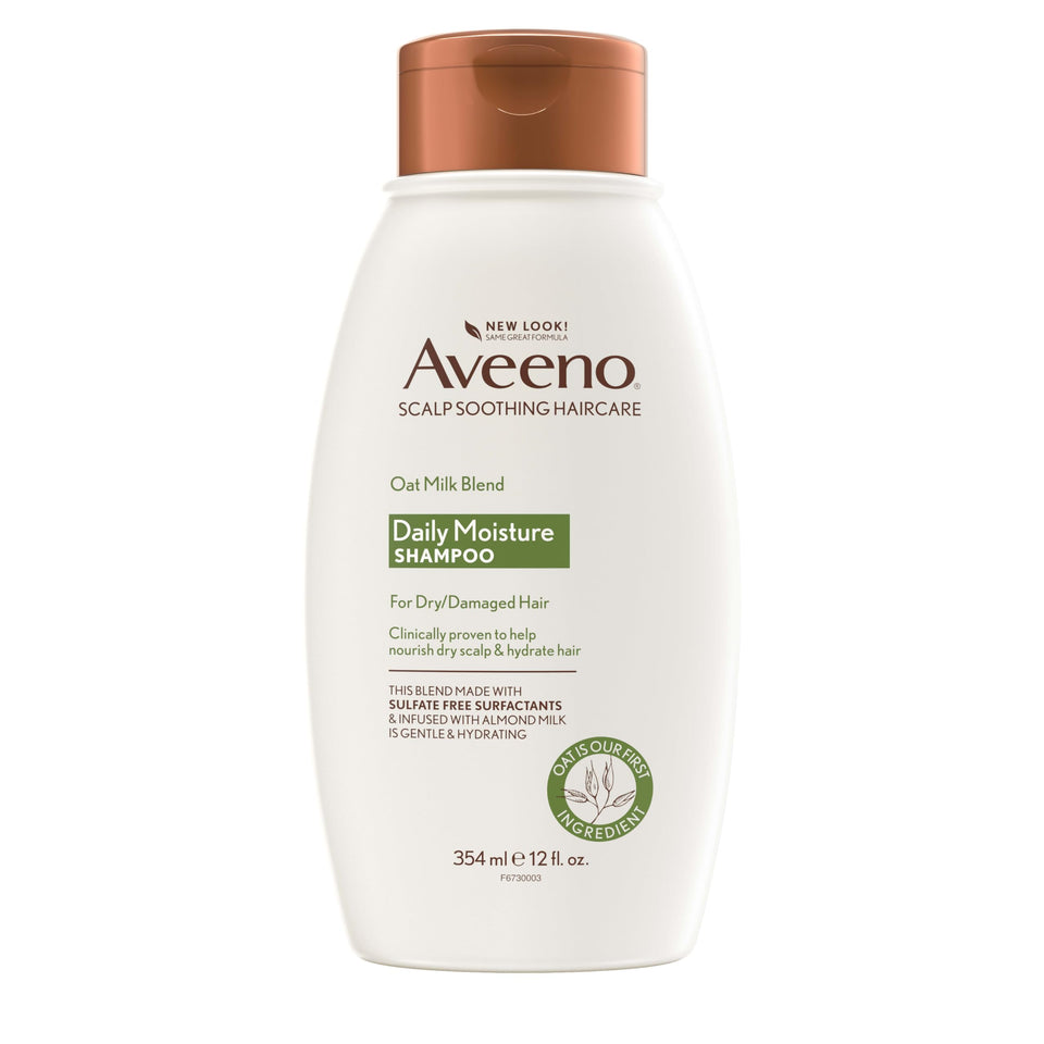 Aveeno front packaging showing oat milk shampoo and moisturizing benefit