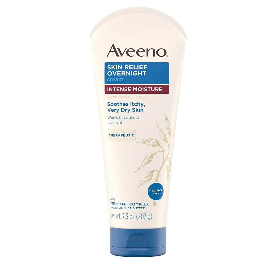 Aveeno front packaging showing overnight intense moisture cream benefits