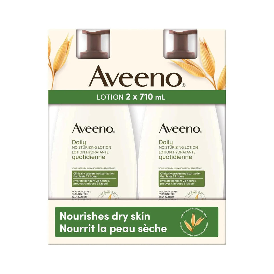 Aveeno front packaging showing two 20 fl oz pump bottles and a small 1 fl oz bottle, easy storage benefit