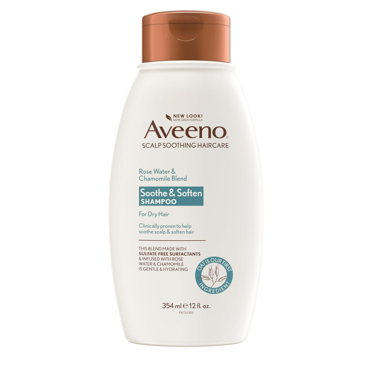 Aveeno front packaging of rose water chamomile shampoo showing clean design and benefit