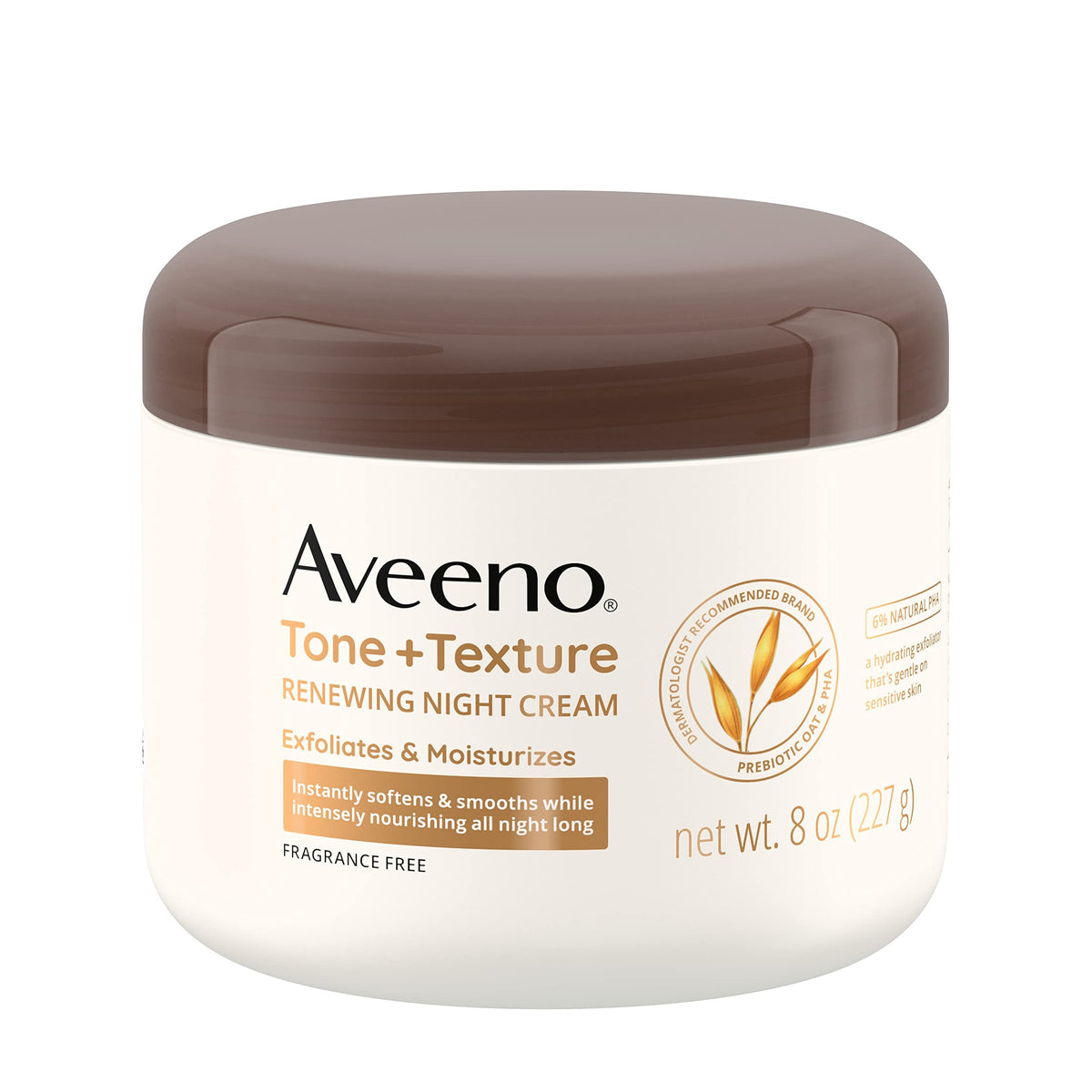 Aveeno front packaging of Tone + Texture Night Cream showing product name and size, clear benefits