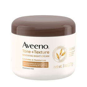 Aveeno front packaging of Tone + Texture Night Cream showing product name and size, clear benefits