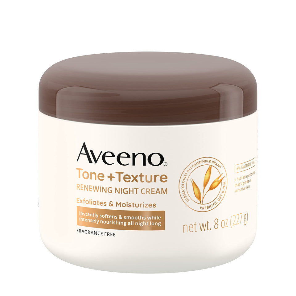 Aveeno front packaging of Tone + Texture Night Cream showing product name and size, clear benefits