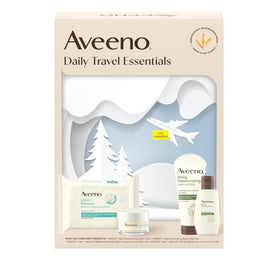 Aveeno travel set front view showing compact four-piece kit and convenience