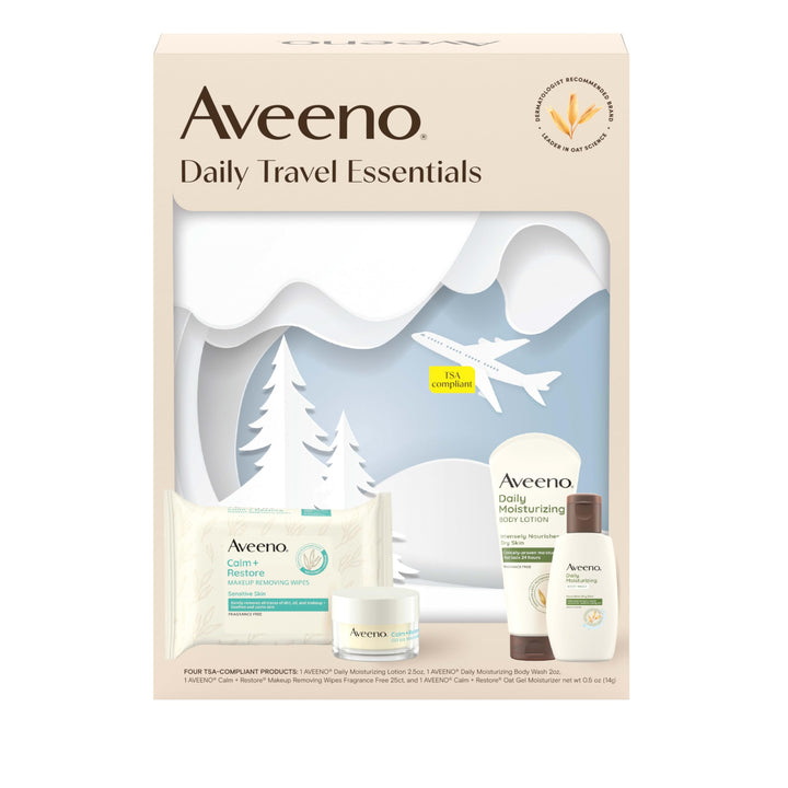Aveeno travel set front view showing compact four-piece kit and convenience