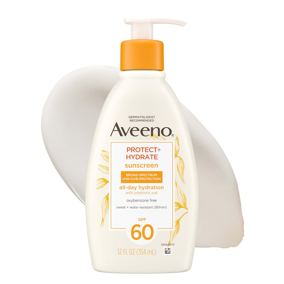 Aveeno front pump bottle showing SPF 60 and hydrating benefit