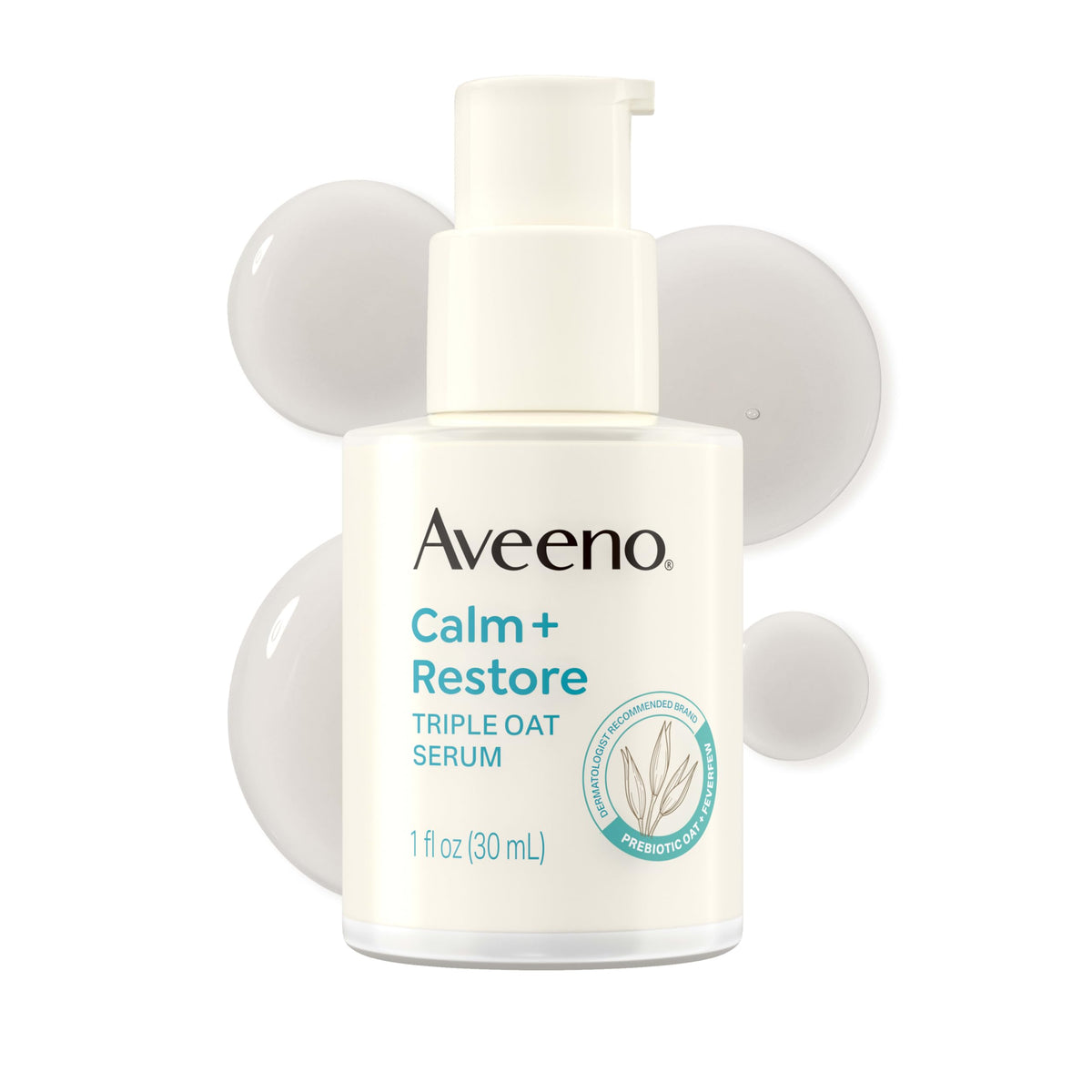 Aveeno front pump bottle showing product and easy dispensing benefit