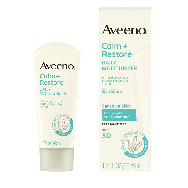 Aveeno front tube packaging showing SPF 30 and fragrance-free benefits