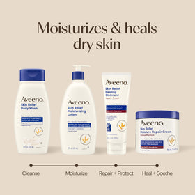 Aveeno in bathroom setting indicating daily routine use and quick absorption