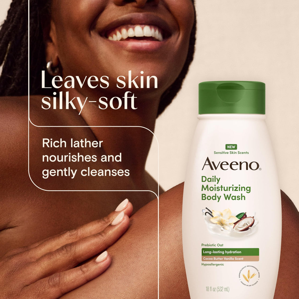 Aveeno in-shower lifestyle scene demonstrating calming, daily cleansing benefit