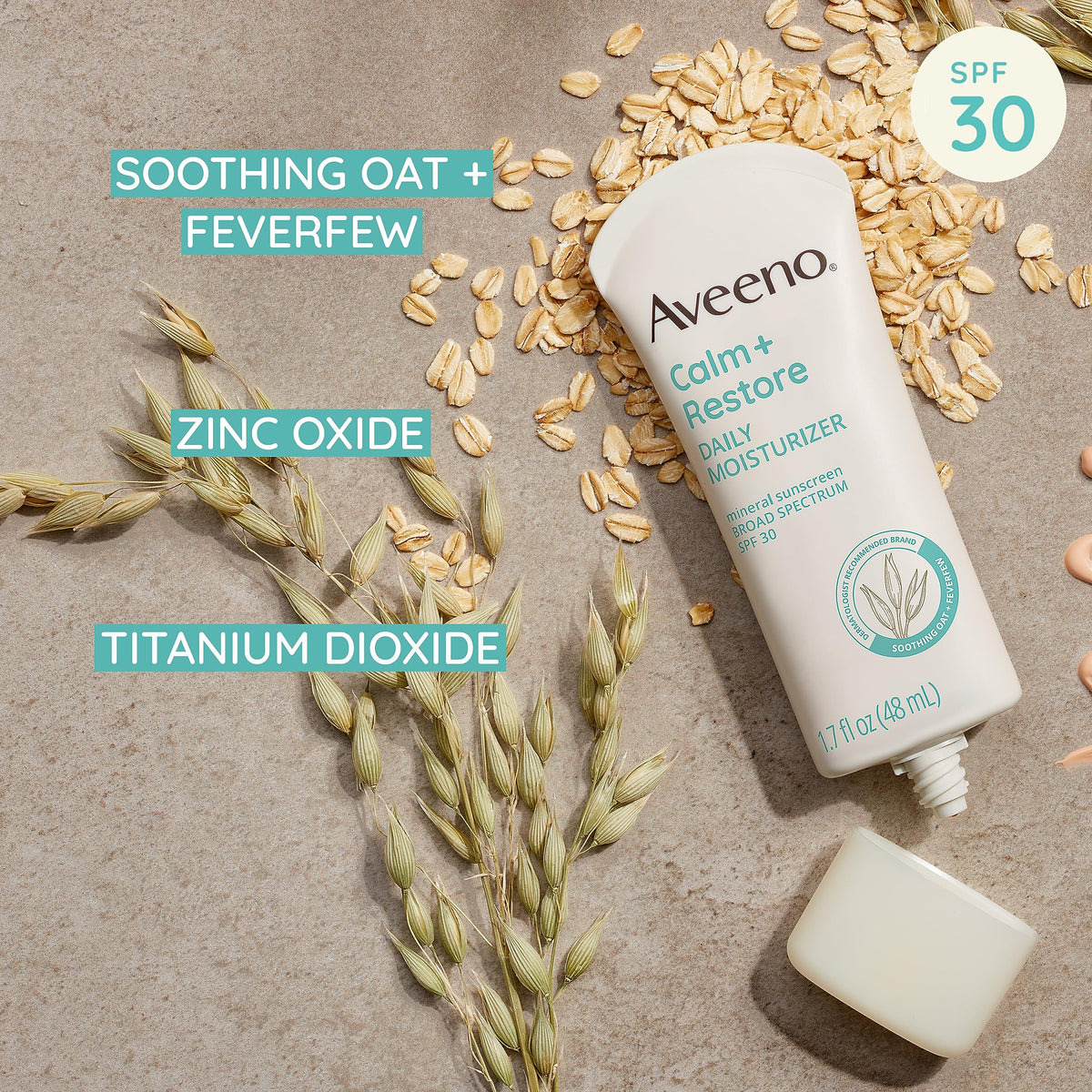 Aveeno oat and feverfew ingredient detail conveying soothing benefits