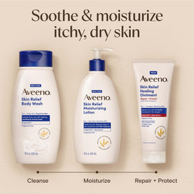 Oats and shea butter near Aveeno bottle illustrating calming ingredients
