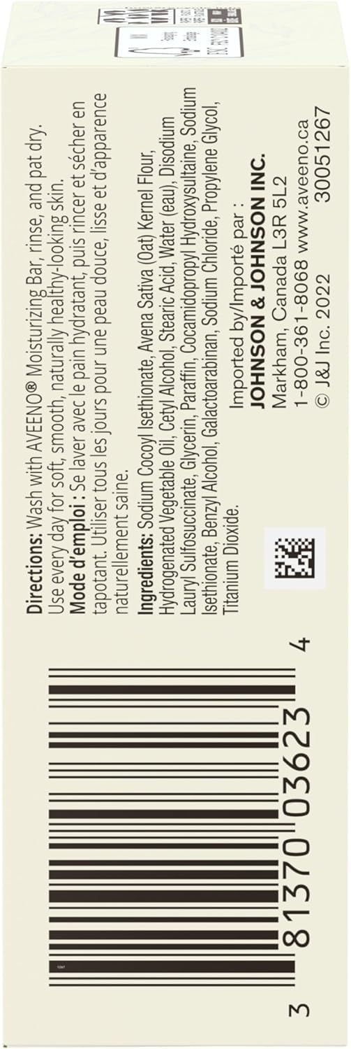 Aveeno ingredients label detail showing colloidal oatmeal and skin-friendly pH