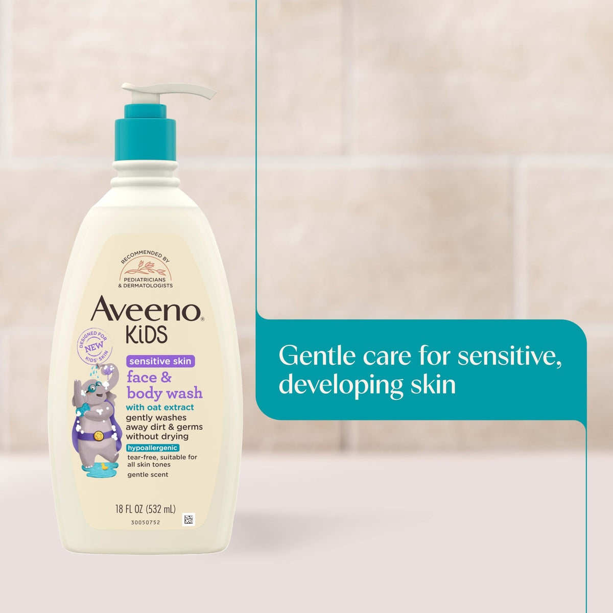Aveeno Baby child using pump dispenser promoting independent washing