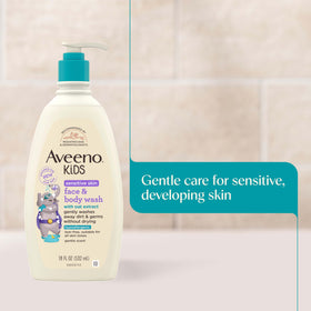 Aveeno Baby child using pump dispenser promoting independent washing