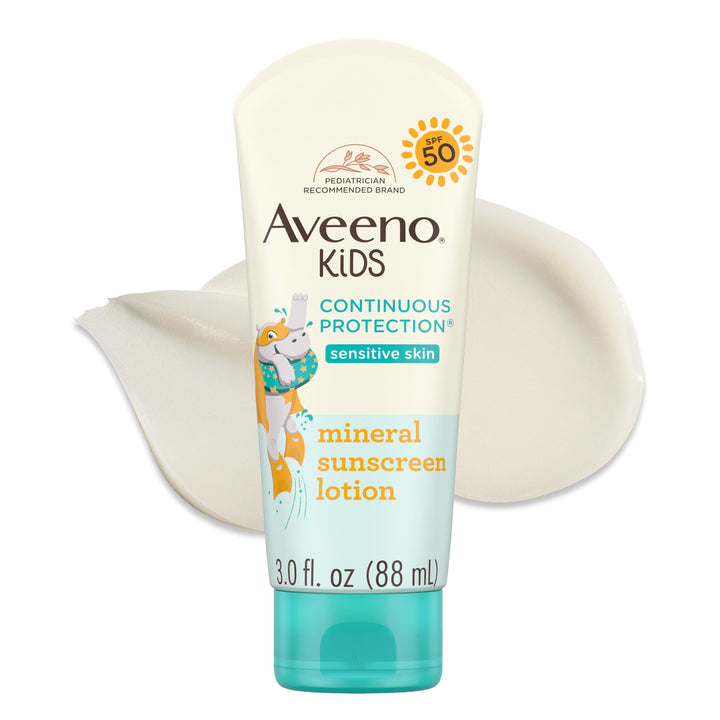 Aveeno front packaging showing SPF 50 and kid-friendly formula benefit