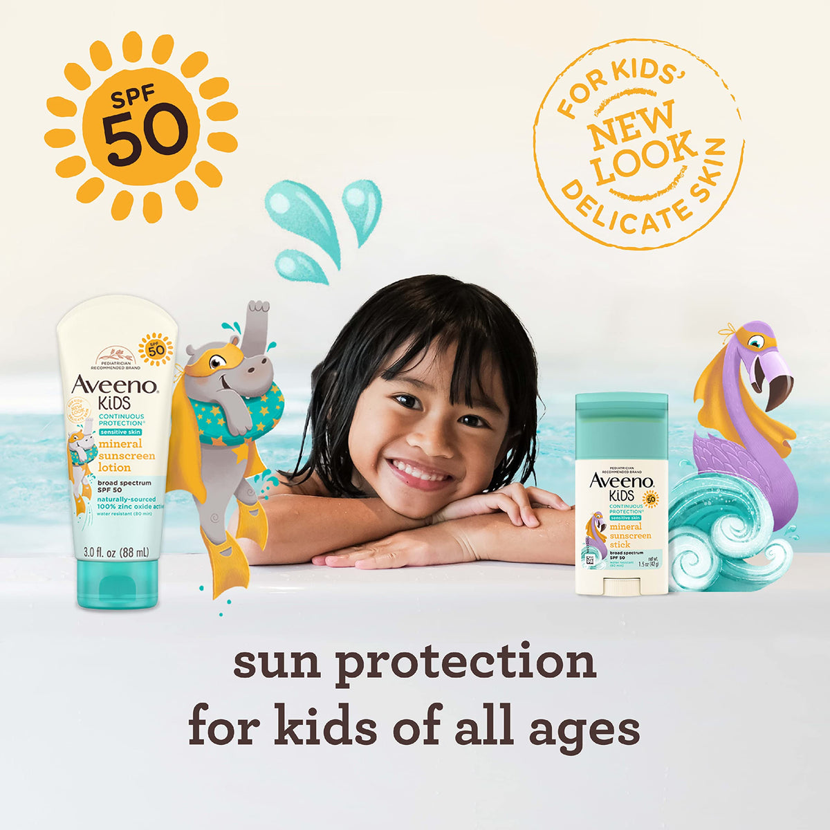 Aveeno kids stick family at beach depicting water-resistant play confidence