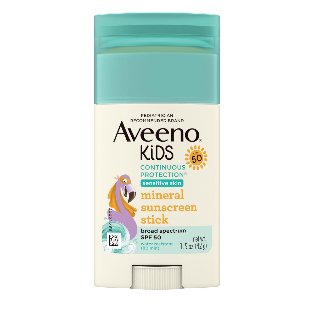 Aveeno kids stick front packaging showing SPF 50 and travel size benefits