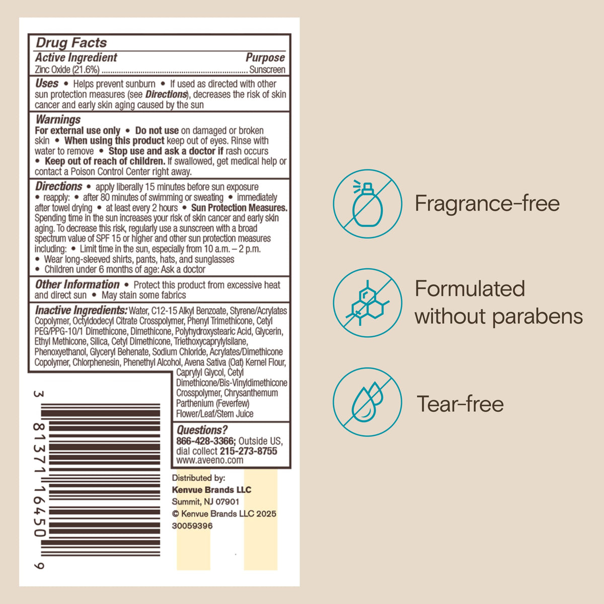 Aveeno label close-up with directions and mineral zinc oxide benefit
