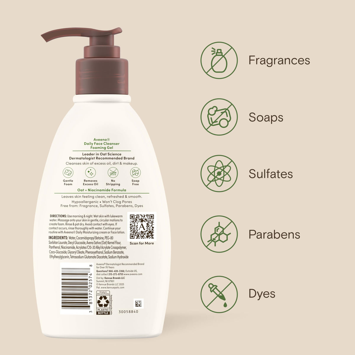 Aveeno label and ingredient list closeup highlighting free-from claims