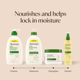 Aveeno label close-up with ingredients list for transparency and ingredient trust