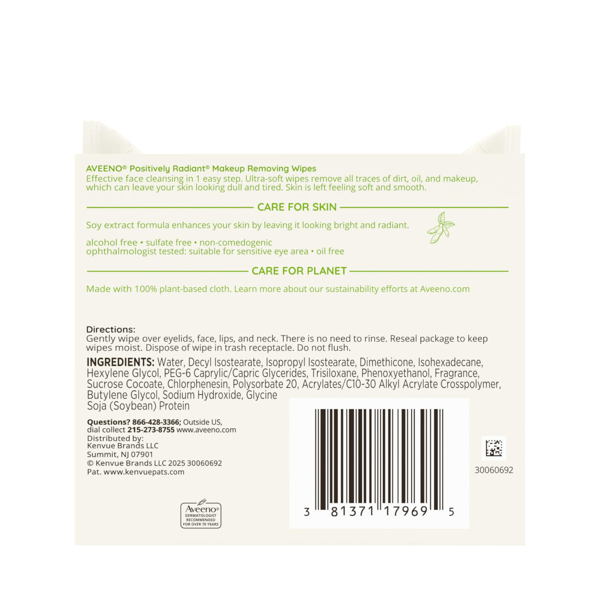 Aveeno product label showing soy extract and oil-free claims