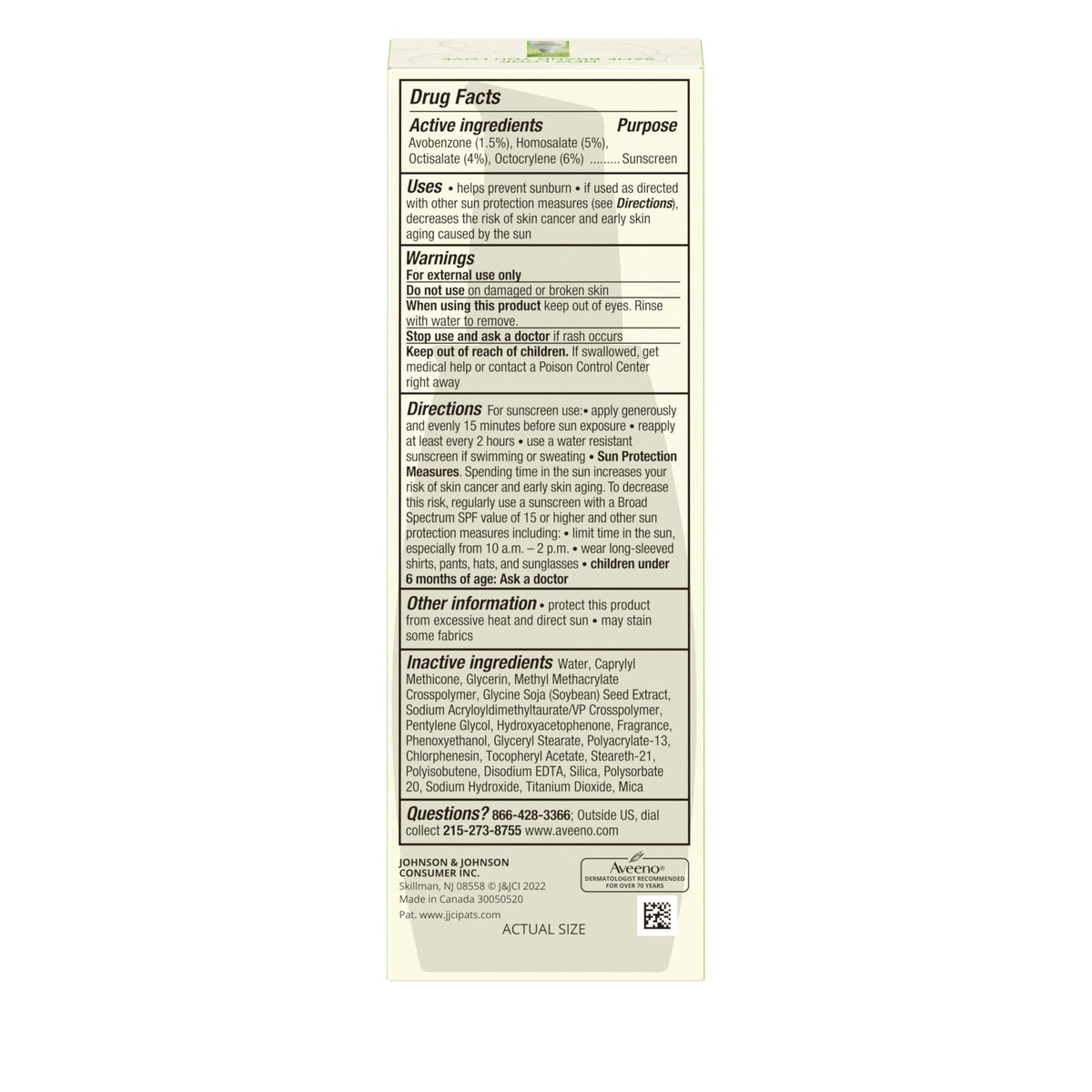 Close view of Aveeno product label and ingredients emphasizing gentle, dermatologist-recommended formula