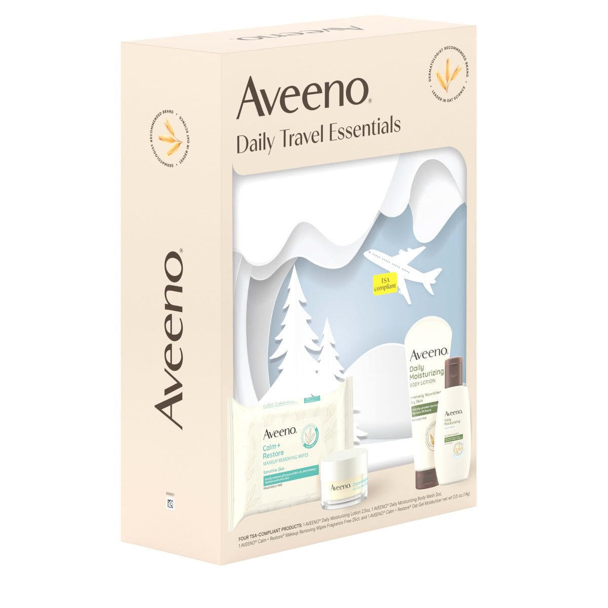 Aveeno product label close-up highlighting oat and feverfew ingredients