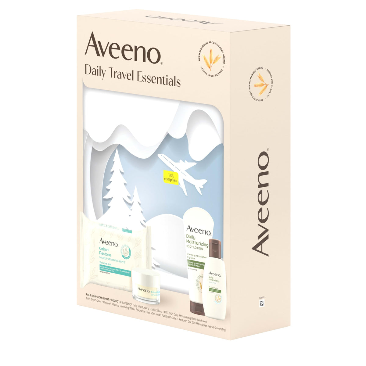 Aveeno travel set arranged on bathroom shelf to show everyday use appeal