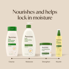 Aveeno body wash and lotion together showing routine to lock in hydration