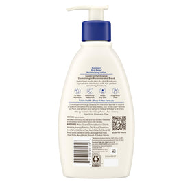 Open-cap view of Aveeno lotion pour demonstrating non-greasy feel
