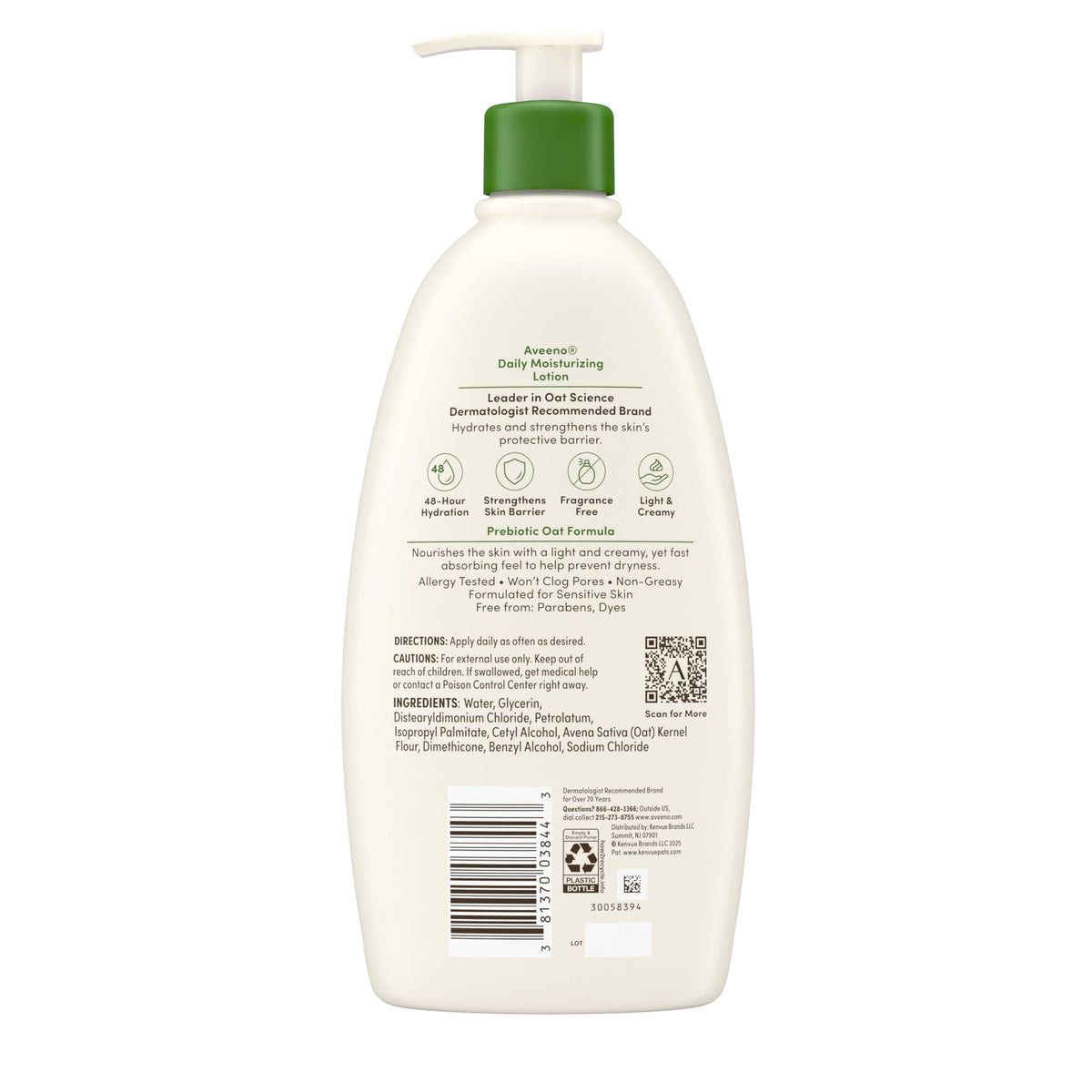 Aveeno back label displaying ingredients and dermatologist recommendation