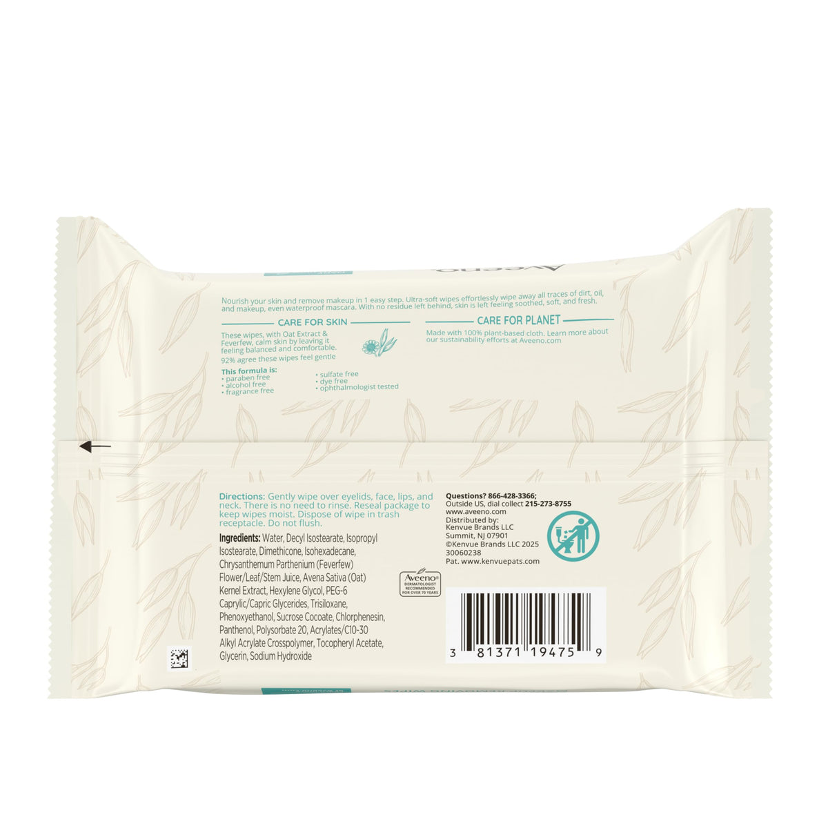 Aveeno packaging back label with ingredient and usage information