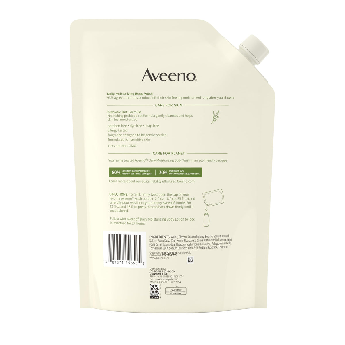 Aveeno recyclable packaging detail highlighting eco-friendly plastic reduction benefit