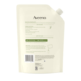 Aveeno recyclable packaging detail highlighting eco-friendly plastic reduction benefit