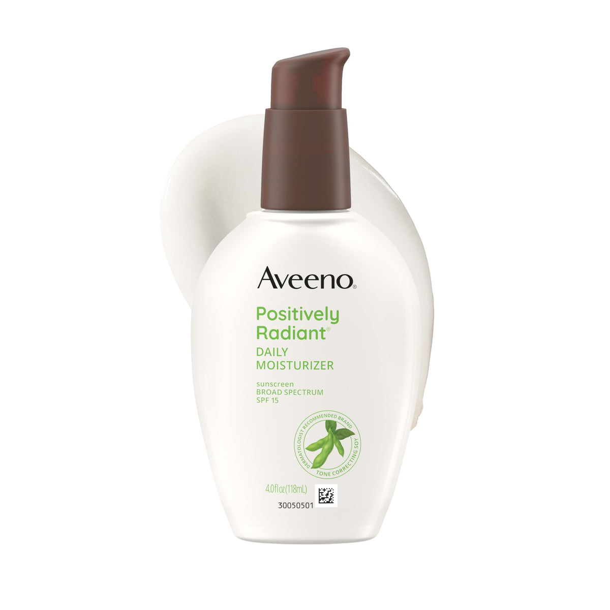 Aveeno front packaging showing Positively Radiant moisturizer and SPF protection benefit
