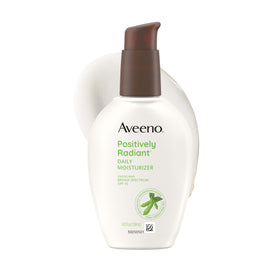 Aveeno front packaging showing Positively Radiant moisturizer and SPF protection benefit