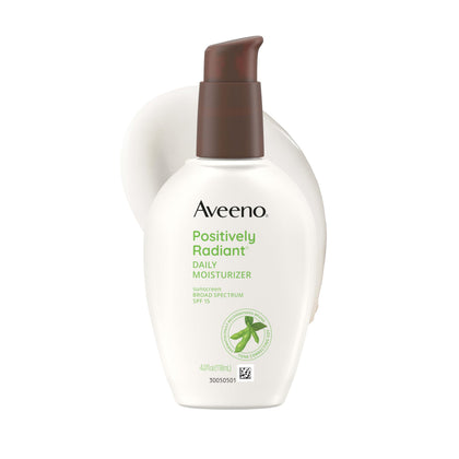 Aveeno front packaging showing Positively Radiant moisturizer and SPF protection benefit