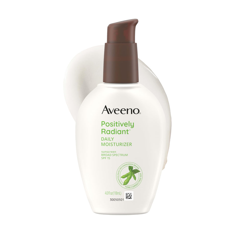 Aveeno front packaging showing Positively Radiant moisturizer and SPF protection benefit