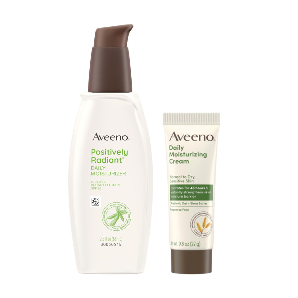 Aveeno Positively Radiant SPF 30 front packaging showing product and benefit of protection