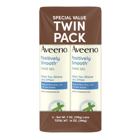 Aveeno Positively Smooth front packaging showing twin pack, promotes value and reliability