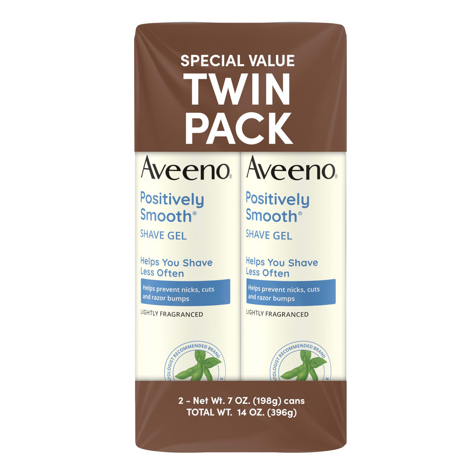 Aveeno Positively Smooth front packaging showing twin pack, promotes value and reliability