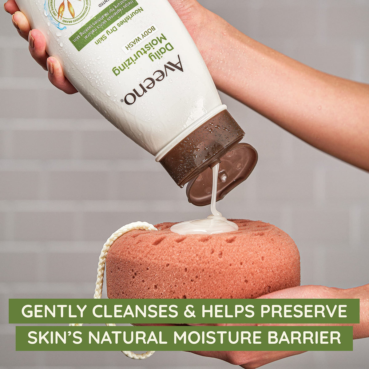 Aveeno pour spout close-up demonstrating leak-resistant design for convenient refills