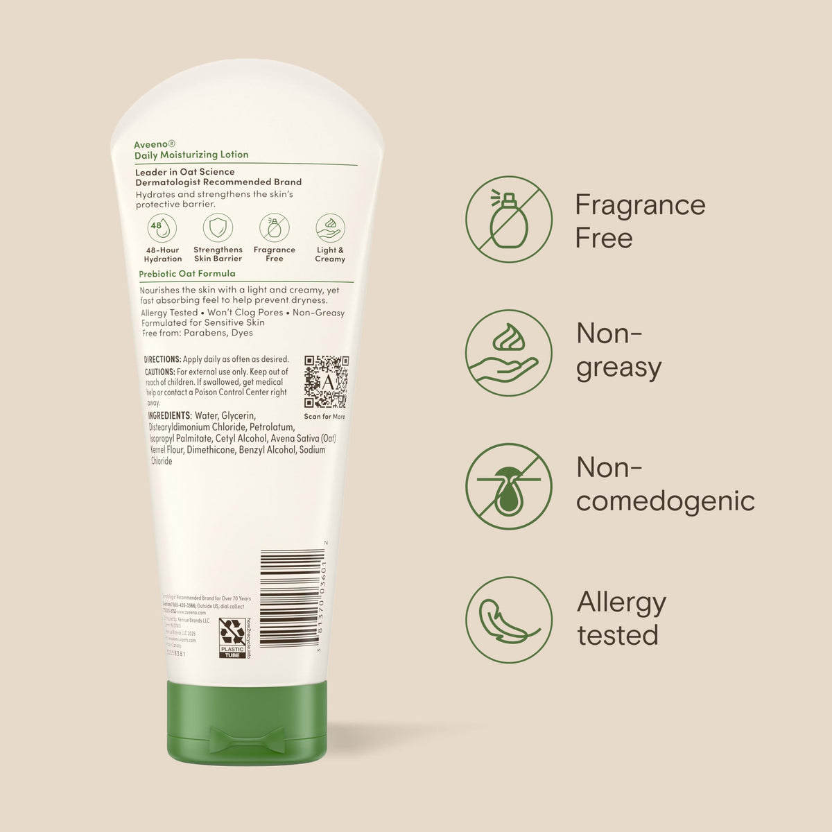 Aveeno lotion staged with oat grain to highlight oat science and nourishing benefit