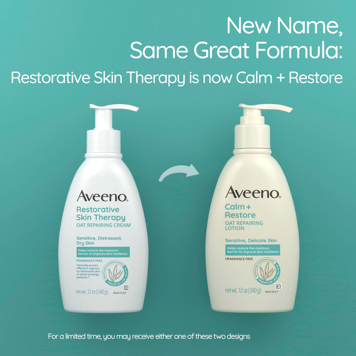 Aveeno label close-up highlighting fragrance-free, oat repairing formula